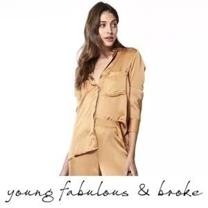 Young, Fabulous & Broke 🤎 Susan Satin Button Down Blouse in Rabbit, Size Small